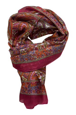 Silketørklæde med paisley print i varme farver - bordeaux