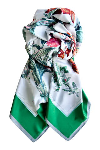Billede af Oversized blomstret silketørklæde - grøn